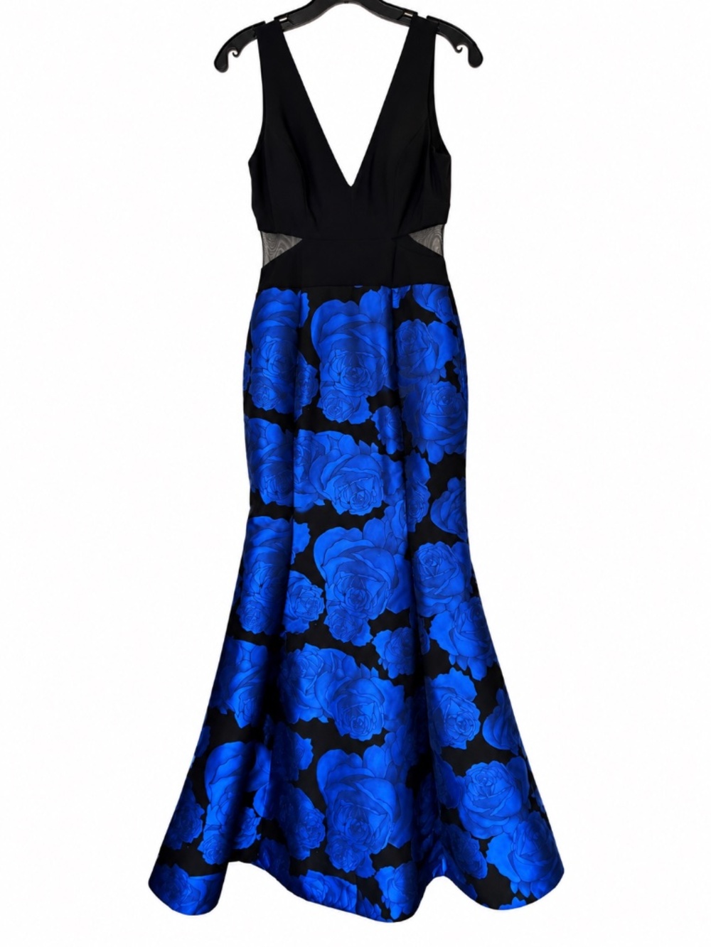 XSCAPE Black Royal Blue Rose Floral Mesh Waist Formal Maxi Gown